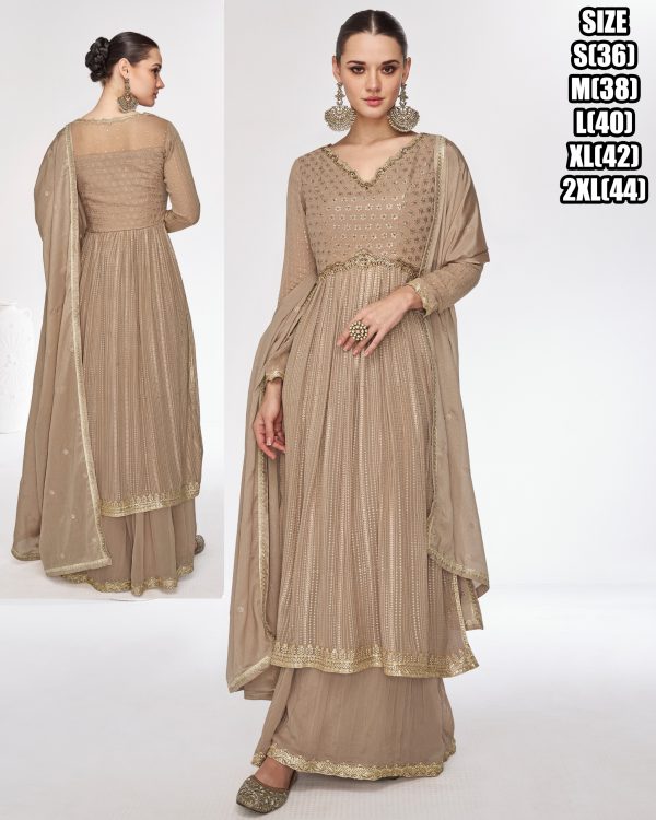 Stitched Chinnon And Georgette Embroidered Readymade Three Piece Suit Set For Women