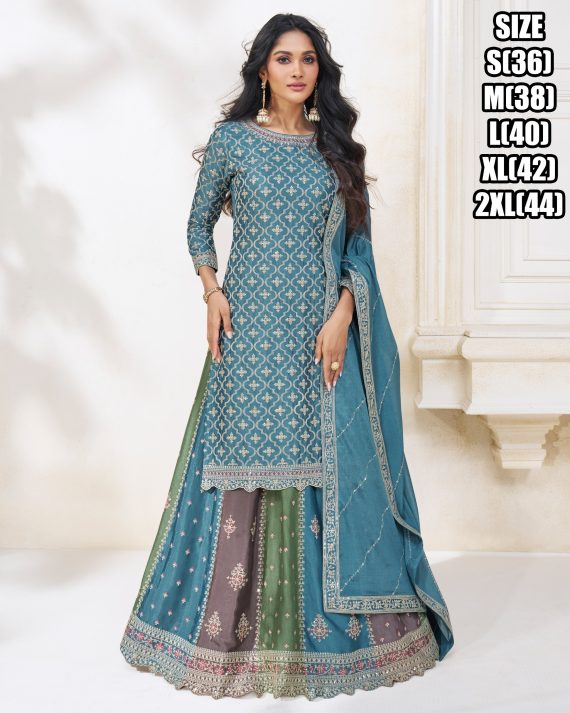 Premium Chinon Silk Embroidery Kurta, Skirt With Dupatta For Women Indian And Pakistani