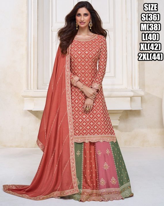 Premium Chinon Silk Embroidery Kurta, Skirt With Dupatta For Women Indian And Pakistani