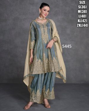 Organza Silk Embroidered Sweetheart Neck Flair Salwar Kameez Style Kurta Plazo Set