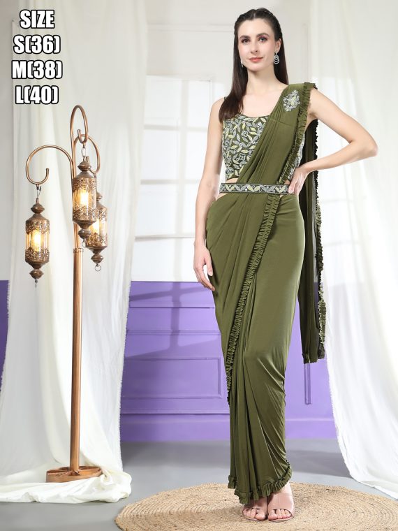 Women's Ready To Wear Imported Fabric Hand Embroidered Designer Saree With Stitched Blouse (1 Minute Saree)