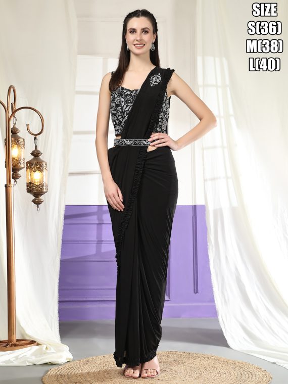 Women's Ready To Wear Imported Fabric Hand Embroidered Designer Saree With Stitched Blouse (1 Minute Saree)