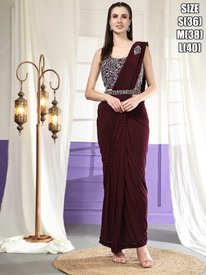 Women's Ready To Wear Imported Fabric Hand Embroidered Designer Saree With Stitched Blouse (1 Minute Saree)