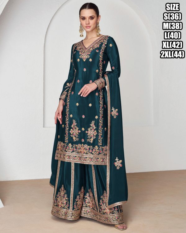 Floral Embroidery Designer Premium Chinnon Kurta With Premium Silk Plazo And Dupatta