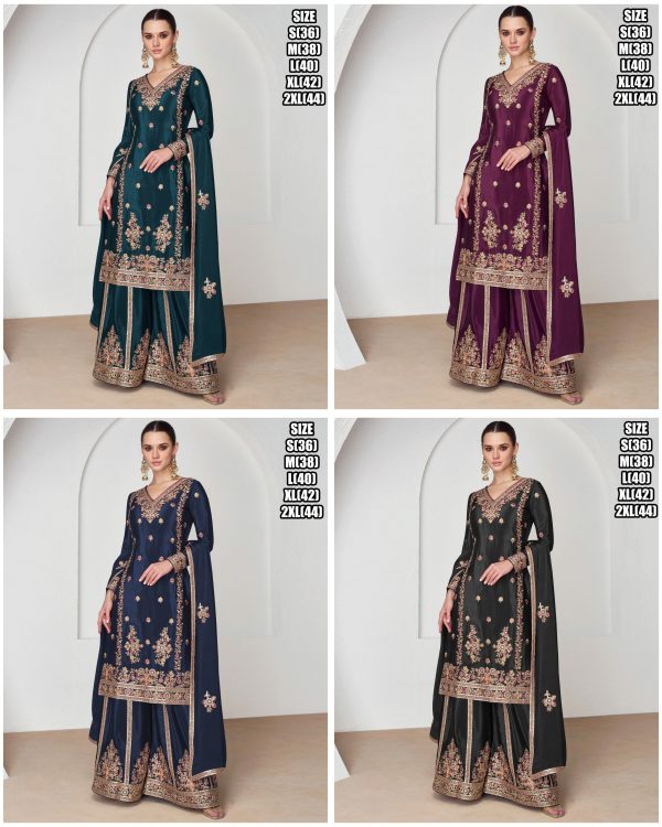 Floral Embroidery Designer Premium Chinnon Kurta With Premium Silk Plazo And Dupatta