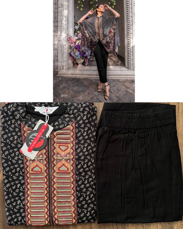 Ethnicrang Launching New Collections, Designer Cape Style Printed Viscose And Chiffon Top With Linen Cotton Bottom