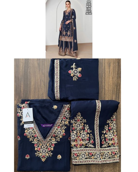 Floral Embroidery Designer Premium Chinnon Kurta With Premium Silk Plazo And Dupatta