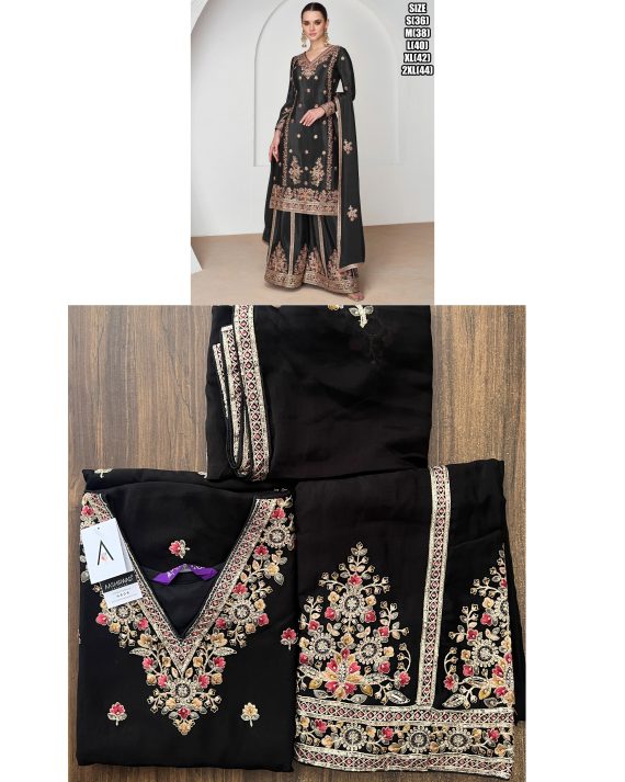 Floral Embroidery Designer Premium Chinnon Kurta With Premium Silk Plazo And Dupatta