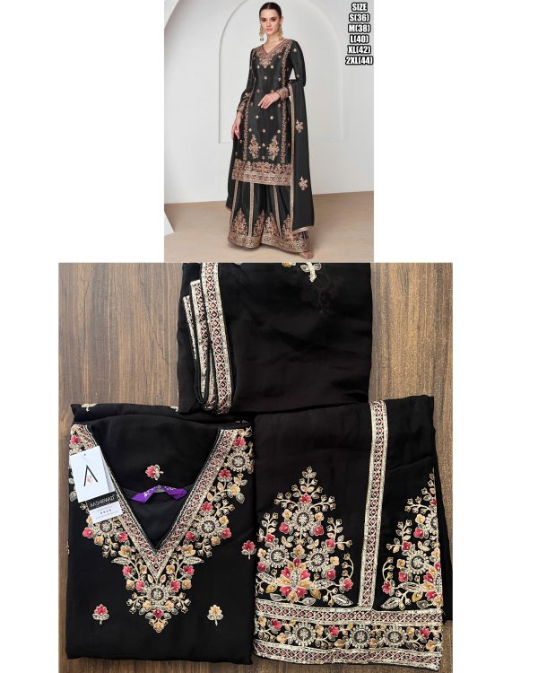 Floral Embroidery Designer Premium Chinnon Kurta With Premium Silk Plazo And Dupatta