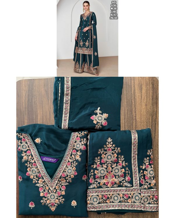 Floral Embroidery Designer Premium Chinnon Kurta With Premium Silk Plazo And Dupatta
