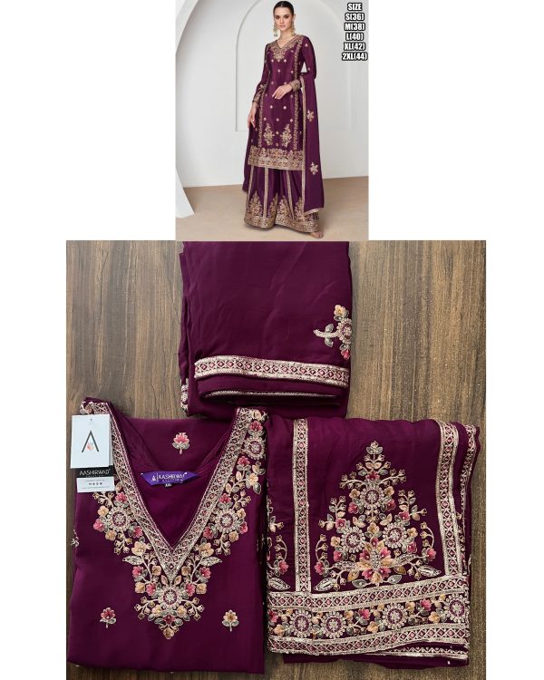 Floral Embroidery Designer Premium Chinnon Kurta With Premium Silk Plazo And Dupatta