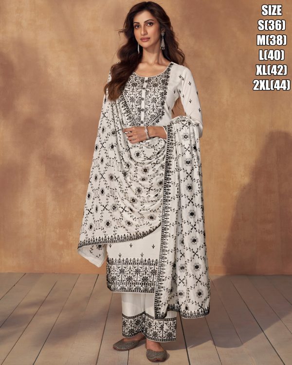 Black & White Embroidery Silk Straight Kurti With Pent And Designer Dupatta