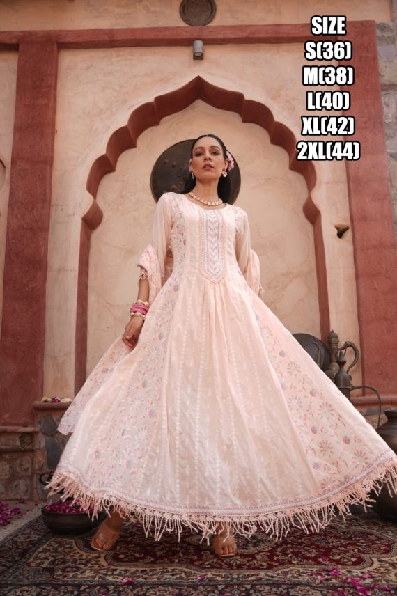 Beautiful Embroidered Work Cotton Anarkali Type Ankle Length Kurti Pent Set For Women