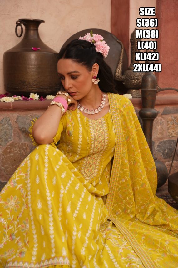 Beautiful Embroidered Work Cotton Anarkali Type Ankle Length Kurti Pent Set For Women