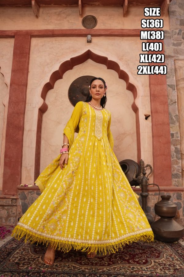 Beautiful Embroidered Work Cotton Anarkali Type Ankle Length Kurti Pent Set For Women