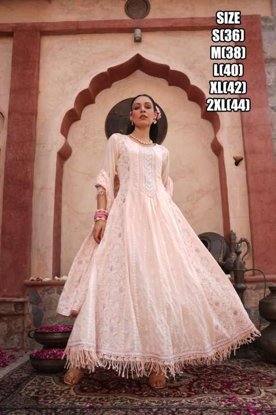 Beautiful Embroidered Work Cotton Anarkali Type Ankle Length Kurti Pent Set For Women