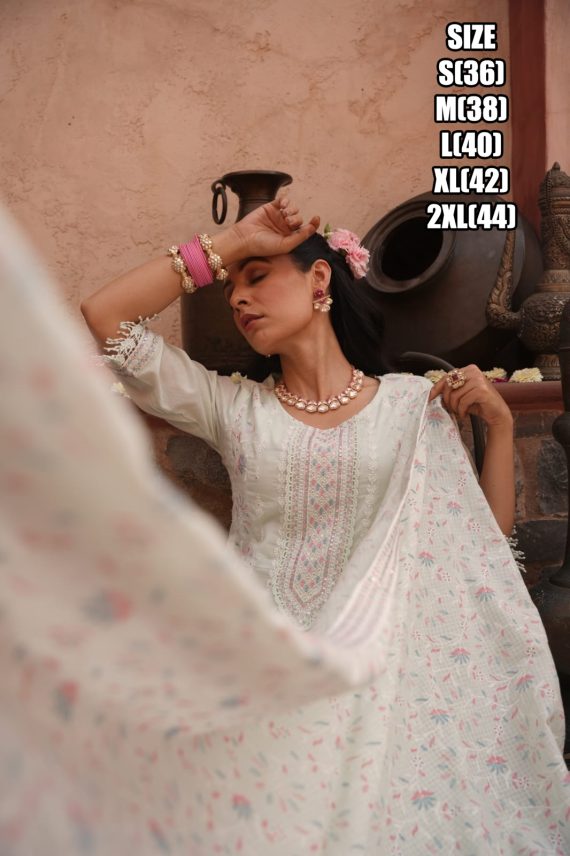 Beautiful Embroidered Work Cotton Anarkali Type Ankle Length Kurti Pent Set For Women