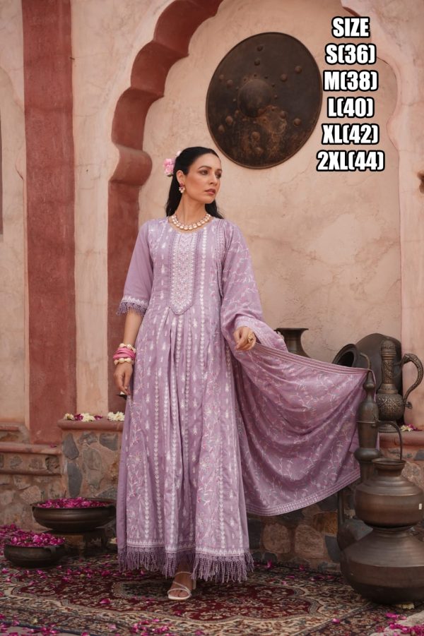 Beautiful Embroidered Work Cotton Anarkali Type Ankle Length Kurti Pent Set For Women