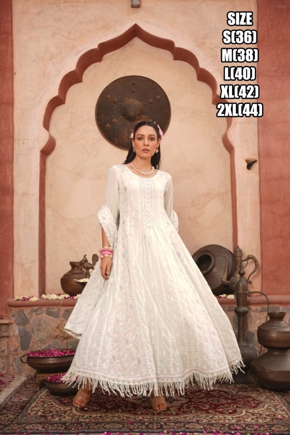 Beautiful Embroidered Work Cotton Anarkali Type Ankle Length Kurti Pent Set For Women