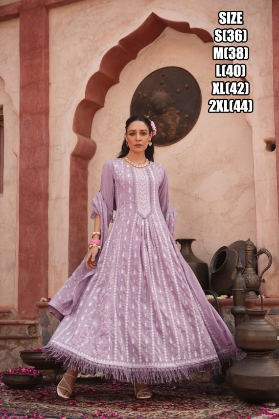 Beautiful Embroidered Work Cotton Anarkali Type Ankle Length Kurti Pent Set For Women