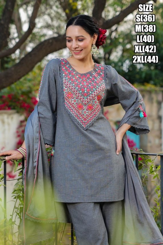 Buy Stylish Summer Wear Cotton Embroidery Work Kurti Pent Sets