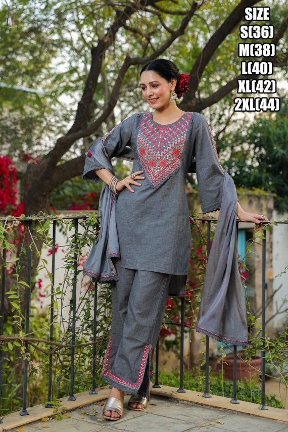 Buy Stylish Summer Wear Cotton Embroidery Work Kurti Pent Sets