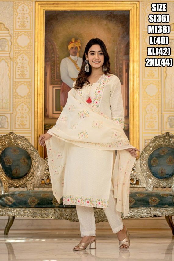 Summer Style White Cotton Flower Designer Latest Collection Of Kurti Set