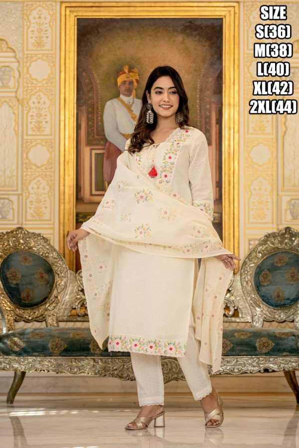 Summer Style White Cotton Flower Designer Latest Collection Of Kurti Set