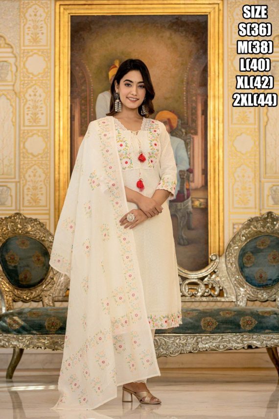 Summer Style White Cotton Flower Designer Latest Collection Of Kurti Set