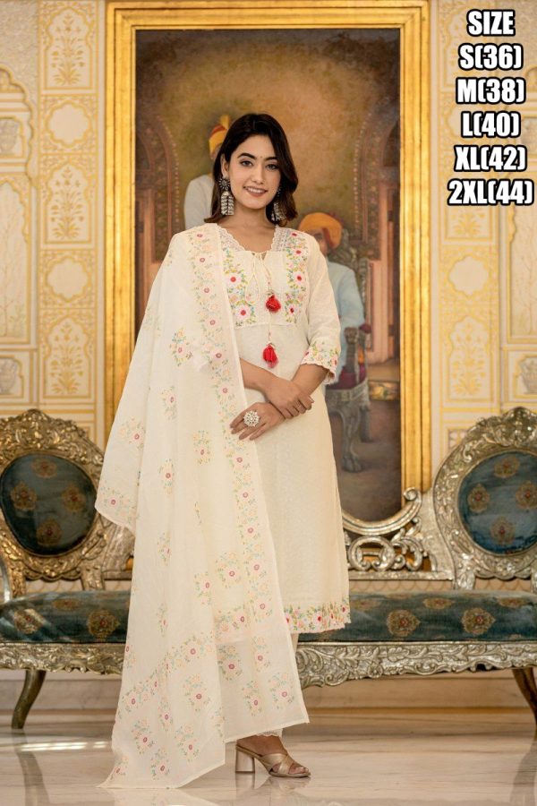 Summer Style White Cotton Flower Designer Latest Collection Of Kurti Set