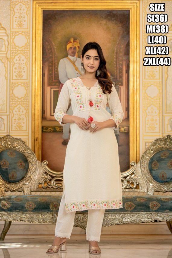 Summer Style White Cotton Flower Designer Latest Collection Of Kurti Set