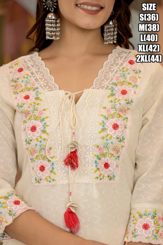 Summer Style White Cotton Flower Designer Latest Collection Of Kurti Set