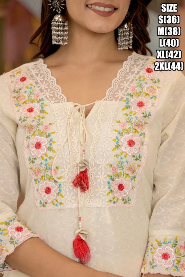 Summer Style White Cotton Flower Designer Latest Collection Of Kurti Set