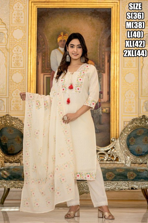 Summer Style White Cotton Flower Designer Latest Collection Of Kurti Set