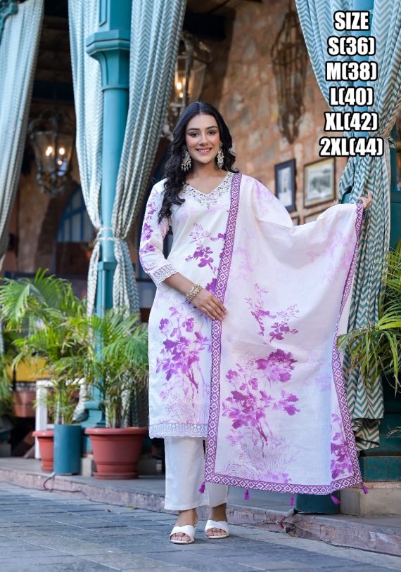 Women's Up To Knee Length Beautiful Embroidery Neck Designer Purple Floral Cotton Kurti Set