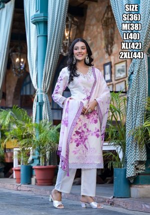 Women's Up To Knee Length Beautiful Embroidery Neck Designer Purple Floral Cotton Kurti Set