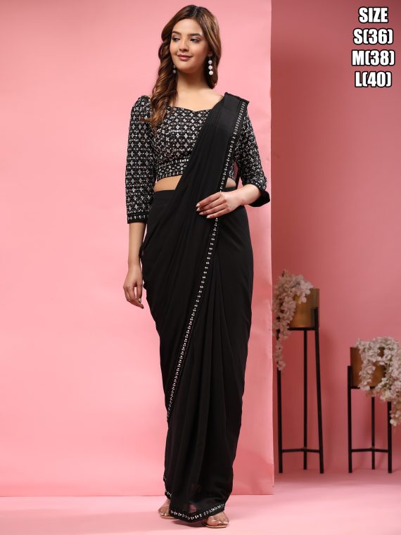 Celebrity Style Fancy Ready To Wear Saree With Designer Sequin Embroidery And Mirror Work Blouse