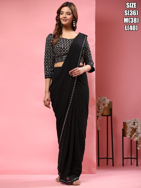 Celebrity Style Fancy Ready To Wear Saree With Designer Sequin Embroidery And Mirror Work Blouse