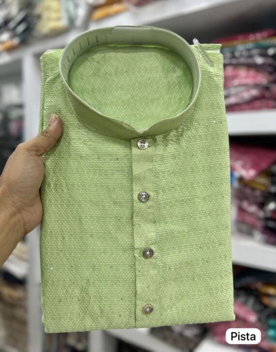 Jequard Silk Fabric Festive Wear Readymade Men's Stylish Sequins Kurta With Cotton Payjama