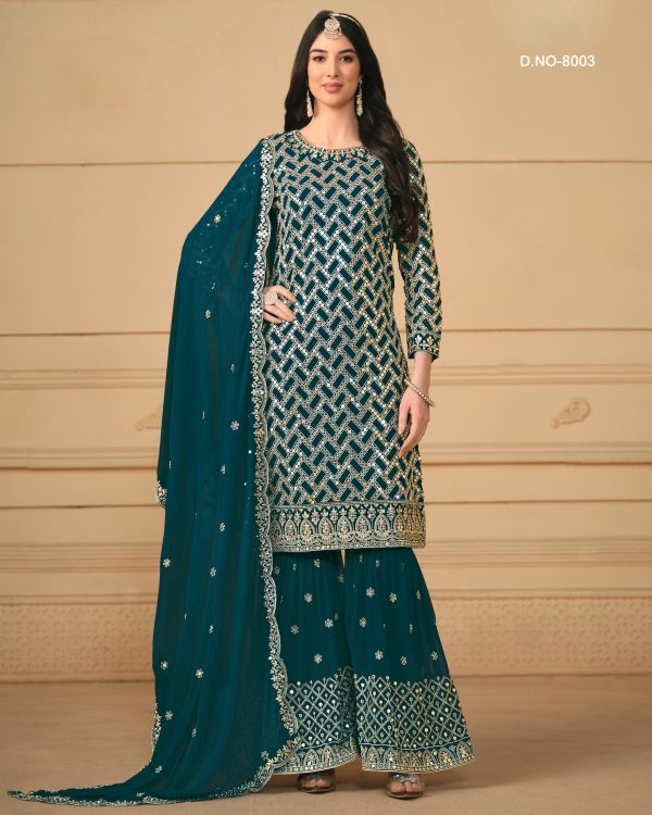 Designer Sequins Embroidery Worked Faux Georgette Semi-Stitch Sarara Suit For Girls