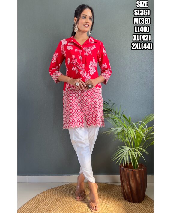 Attractive Dark Pink Cotton Designer Stitched Tunic With Dhoti For Parties