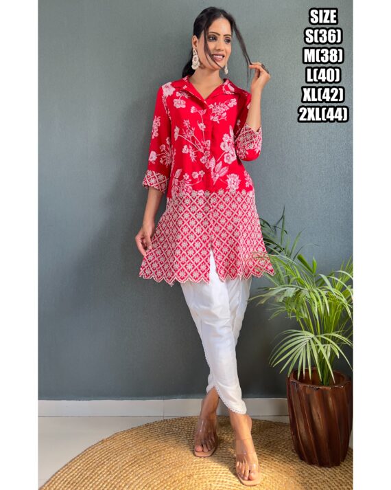 Attractive Dark Pink Cotton Designer Stitched Tunic With Dhoti For Parties