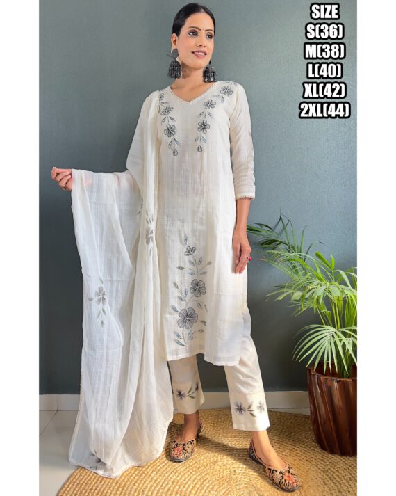 White Colour Cotton Kurti Pent With Dupatta Set Get Ready For Any Occasions