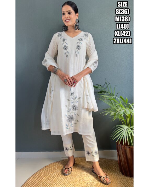 White Colour Cotton Kurti Pent With Dupatta Set Get Ready For Any Occasions