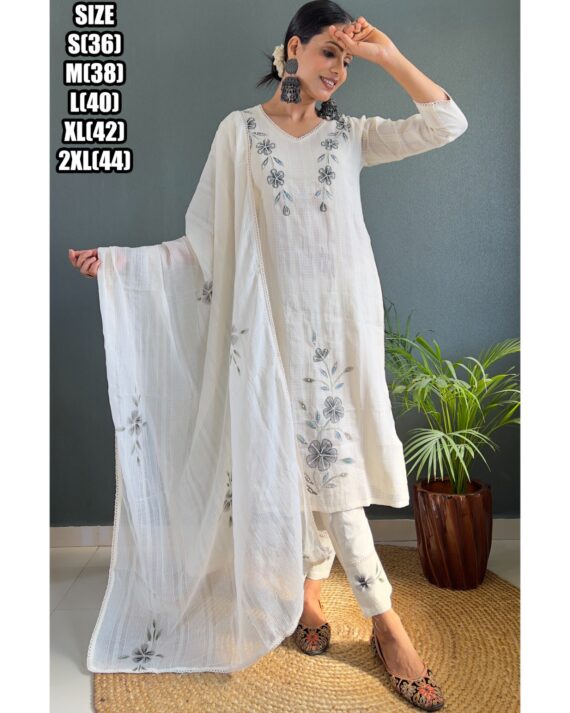 White Colour Cotton Kurti Pent With Dupatta Set Get Ready For Any Occasions