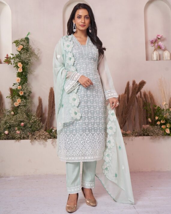 Beautiful Shifli Worked Organza With Cotton Lining Straight Kurti Set For Functions