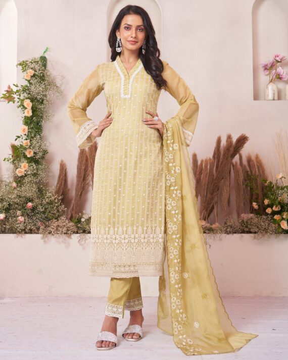Beautiful Shifli Worked Organza With Cotton Lining Straight Kurti Set For Functions