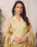 Beautiful Shifli Worked Organza With Cotton Lining Straight Kurti Set For Functions