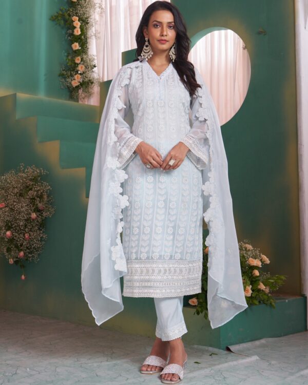 Beautiful Shifli Worked Organza With Cotton Lining Straight Kurti Set For Functions