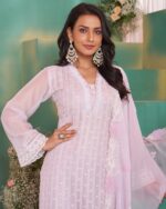 Beautiful Shifli Worked Organza With Cotton Lining Straight Kurti Set For Functions